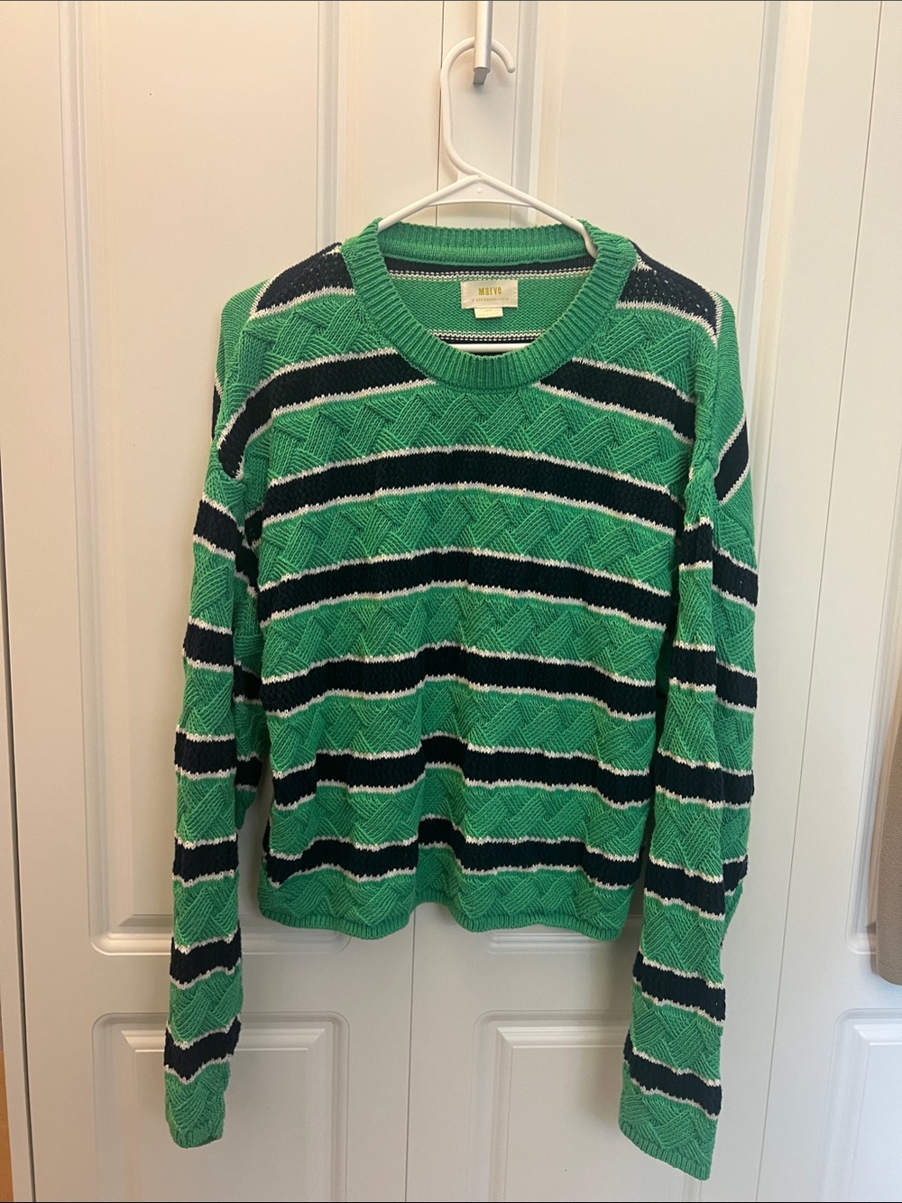Anthropologie’s Maeve Green, Black & White Striped Crew Sweater